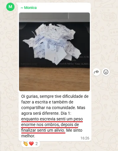 Depoimento da Monica - alivio apos a escrita